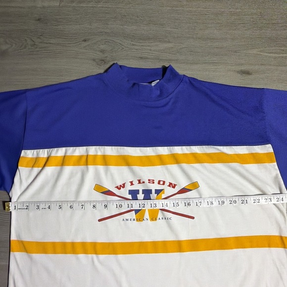 Vintage Wilson American Classic Striped Tee XL Blue Yellow 90s Made in Singapore - Picture 7 of 10
